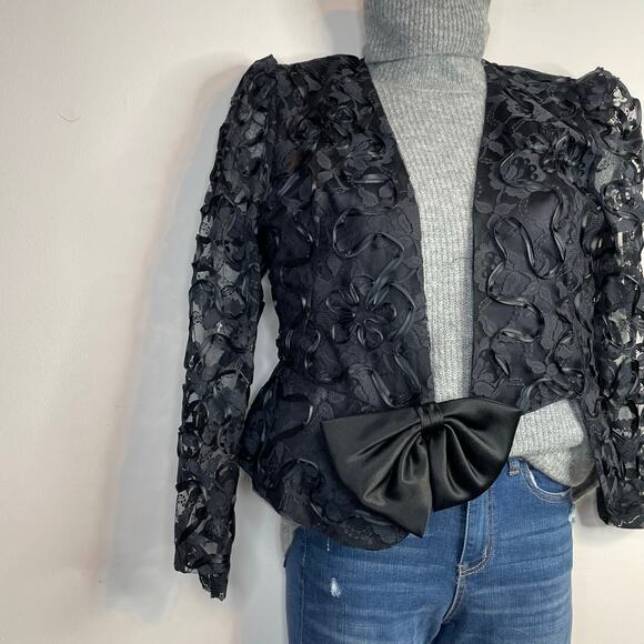 Vintage Patra Black Lace Ribbon Soutache Mesh Fitted Jacket Puff Shoulders Bow 6 - Picture 12 of 16